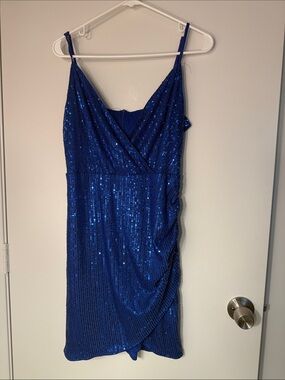 Royal Blue Sequin Wrap-Front Evening Dress